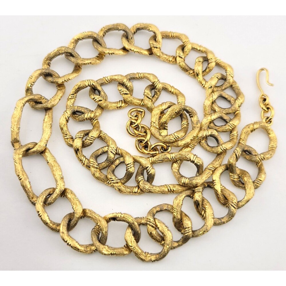 Chunky Vintage Monet Signed Big Gold Plated Textured Chain Link 28" Necklace